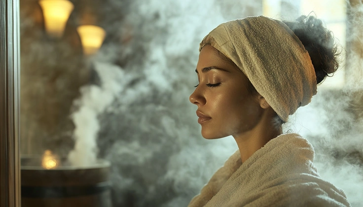 Woman relaxing in a steam bath for skin and wellness benefits.