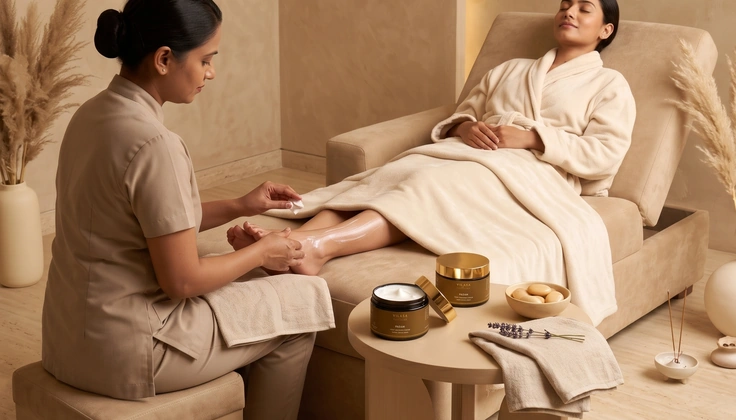 Guest receiving a Padam cream-based foot massage for relaxation and foot care.