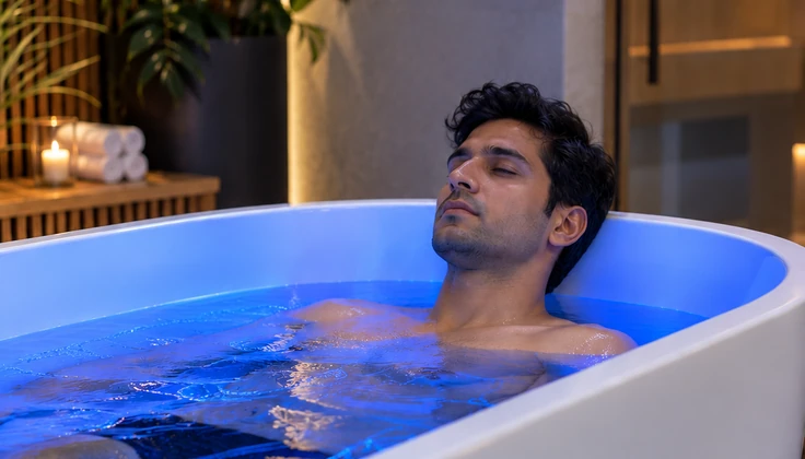 Man relaxing in a cold plunge tub with blue-lit water during a spa therapy session.