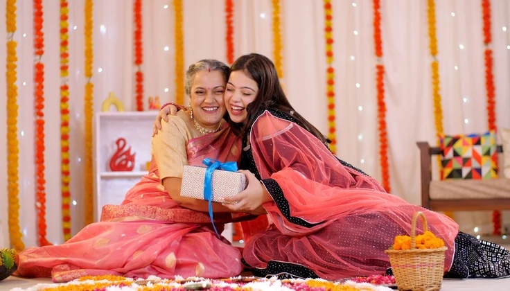 Daughter hugging her mother while presenting a wrapped Diwali gift in a festively decorated home.