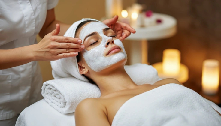 Woman receiving a professional facial treatment with a face mask at a spa.