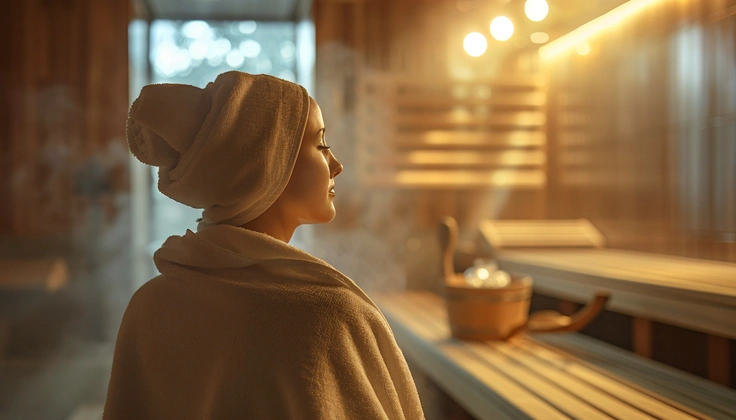 Woman relaxing in a sauna during a spa wellness experience.