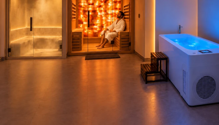 Man relaxing inside an infrared sauna with Himalayan salt walls and a cold plunge tub nearby.