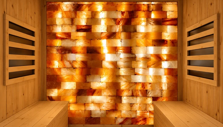 Warmly lit Himalayan salt wall inside a wooden infrared sauna therapy room.