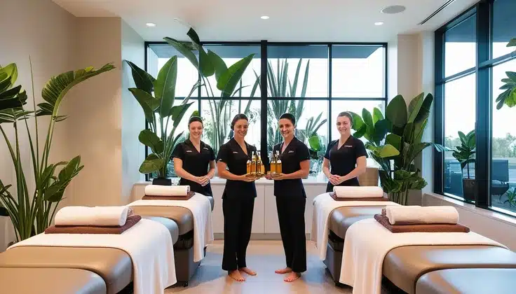 Spa therapists in a wellness centre offering massage services for employee wellness programs.